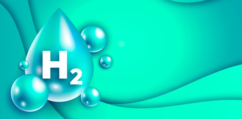 Ilustrasi tetesan air berwarna biru dan hijau dengan simbol H2 di bagian tengahnya, dikelilingi gelembung-gelembung kecil dengan latar belakang abstrak berwarna hijau toska.