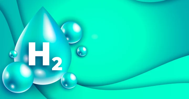 Ilustrasi tetesan air berwarna biru dan hijau dengan simbol H2 di bagian tengahnya, dikelilingi gelembung-gelembung kecil dengan latar belakang abstrak berwarna hijau toska.