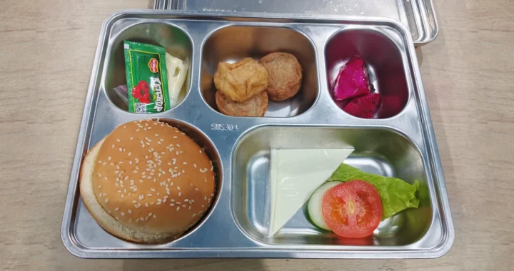 menu makanan dalam wadah kaleng terdiri dari roti, setengah selembar keju, dua potong kecil buah naga, gorengan, dan saus tomat dalam kemasan.