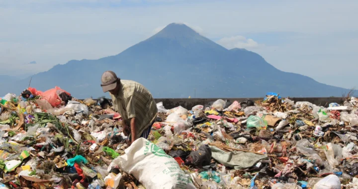 Seorang pria sedang memilah tumpukan sampah di tempat pembuangan terbuka, dengan latar belakang gunung tinggi.