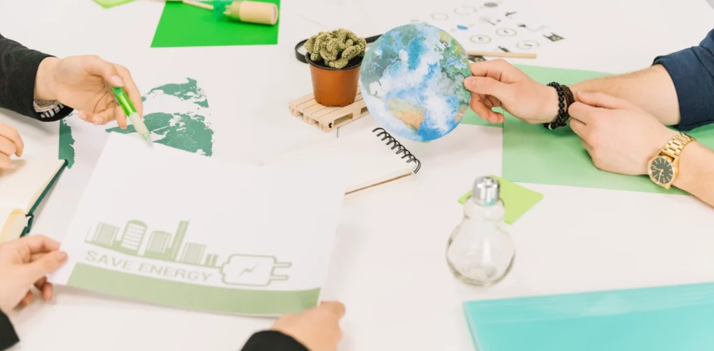 tangan beberapa orang di atas meja sedang membahas penghematan energi