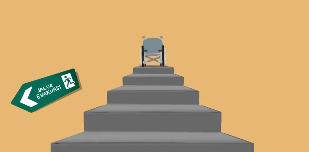 Kursi roda di puncak tangga dengan tanda jalur evakuasi, menunjukkan masalah aksesibilitas