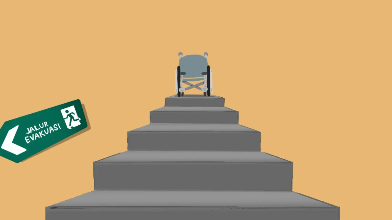 Kursi roda di puncak tangga dengan tanda jalur evakuasi, menunjukkan masalah aksesibilitas