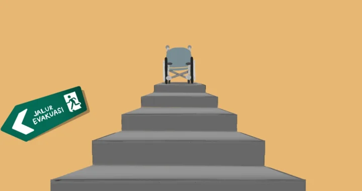 Kursi roda di puncak tangga dengan tanda jalur evakuasi, menunjukkan masalah aksesibilitas