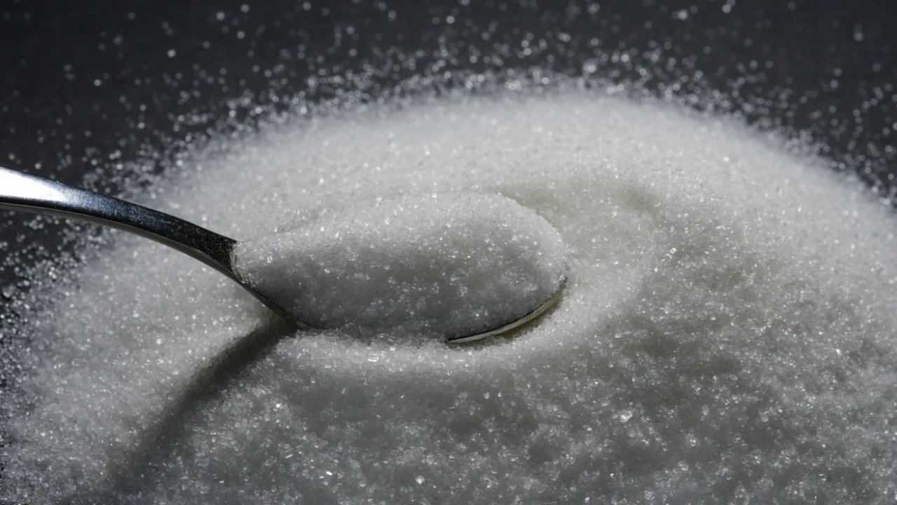 sendok kecil di tengah tumpukan gula pasir