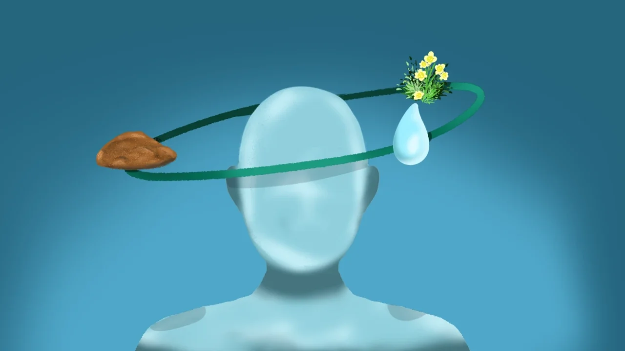 Kepala transparan dengan orbit hijau yang membawa elemen tanah, air, dan bunga, melambangkan siklus alam atau keseimbangan ekologi