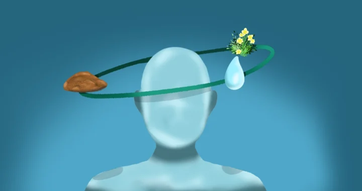 Kepala transparan dengan orbit hijau yang membawa elemen tanah, air, dan bunga, melambangkan siklus alam atau keseimbangan ekologi