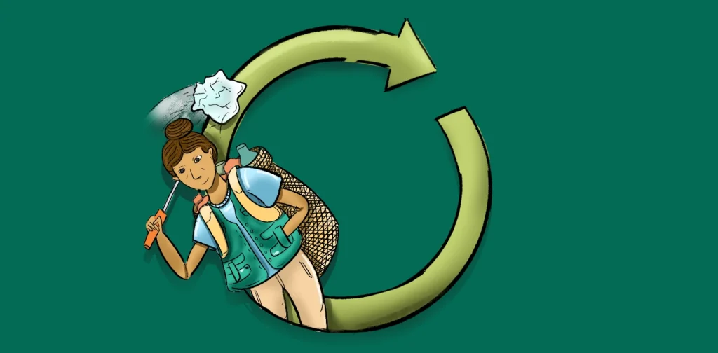 Ilustrasi perempuan berrompi hijau membawa barang daur ulang di dalam simbol panah daur ulang melingkar