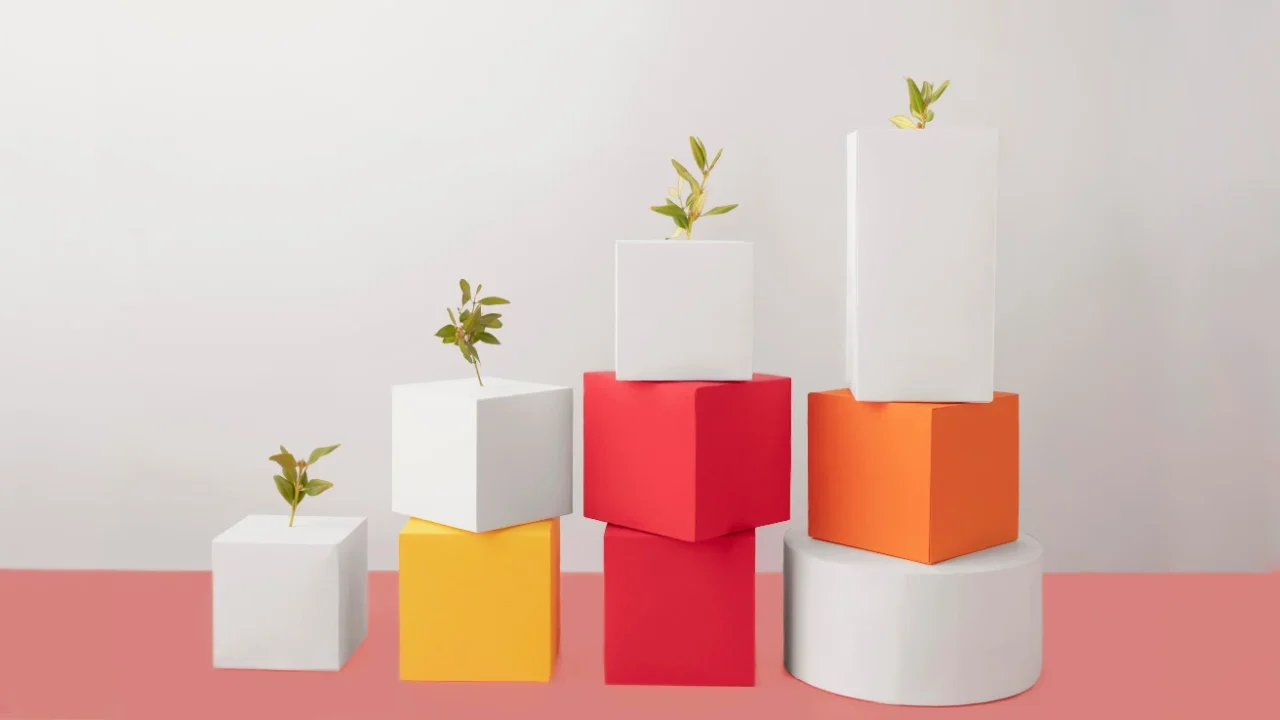 tumpukan kubus dan lingkaran dengan bibit pohon di atasnya