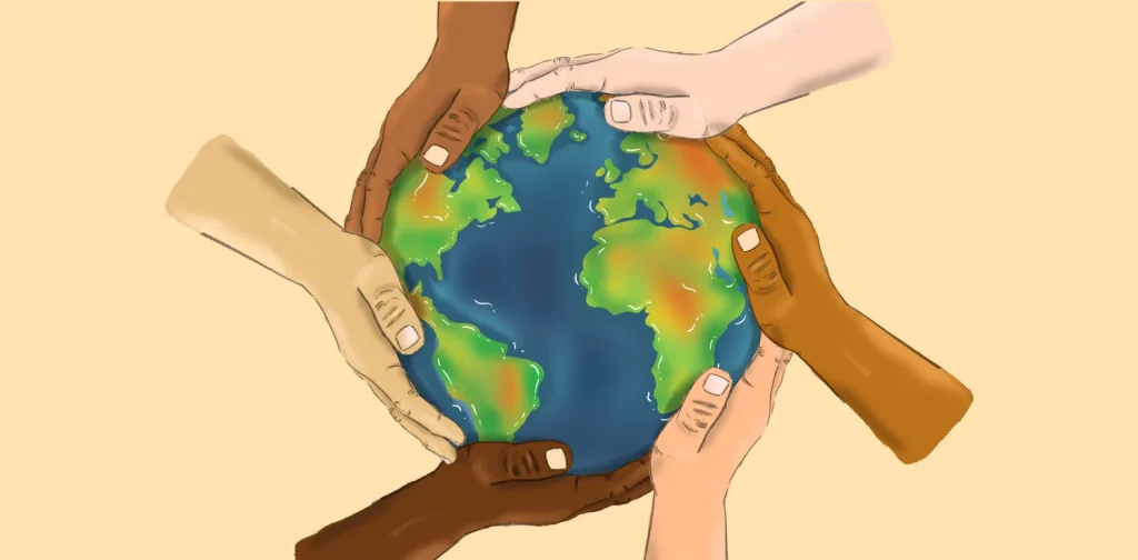 tangan melingkari bumi