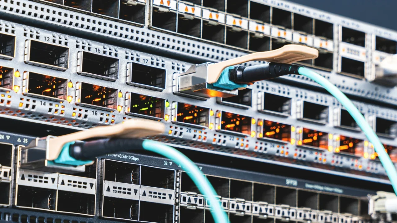 dua kabel biru muda yang terhubung ke port server