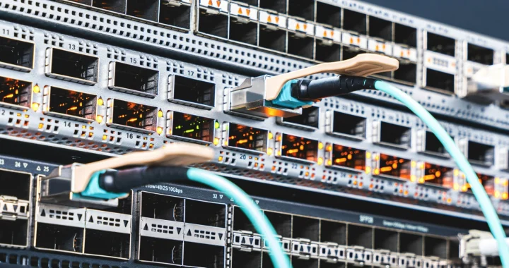 dua kabel biru muda yang terhubung ke port server