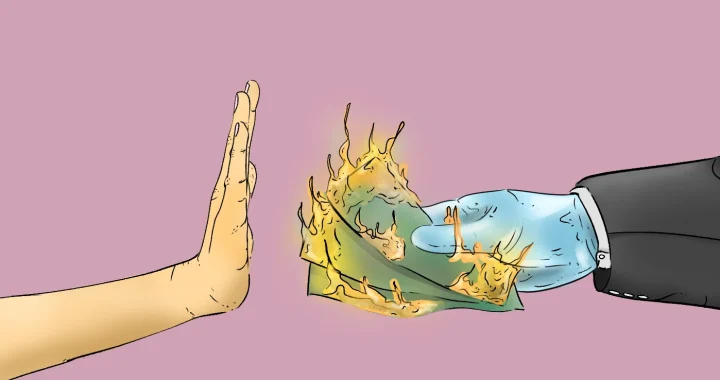 Sebuah tangan menolak uang yang terbakar dari seseorang berjas.
