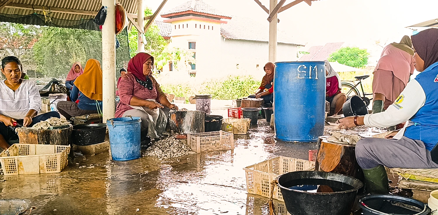 beberapa perempuan menyiangi ikan-ikan