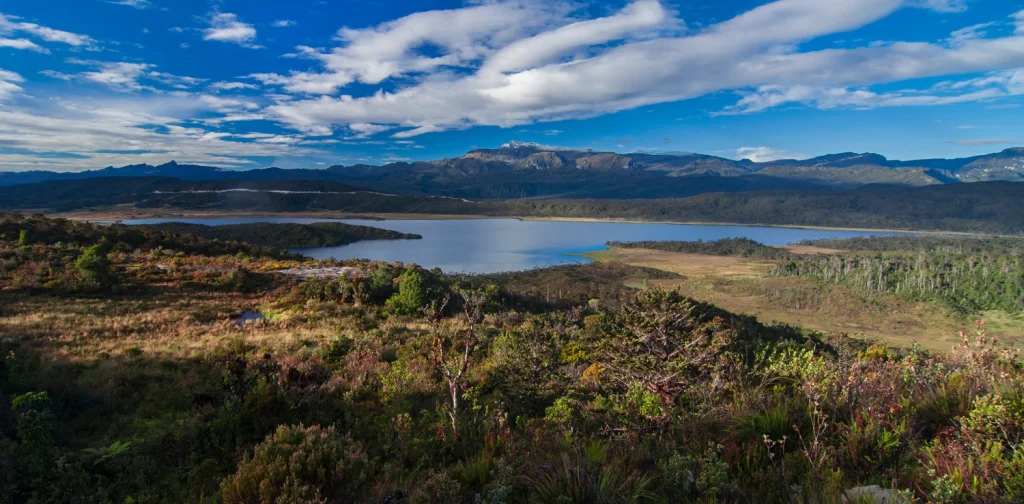 badan air di tengah hamparan rerumputan dan latar belakang pegunungan