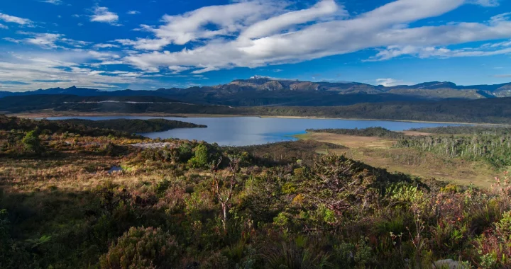 badan air di tengah hamparan rerumputan dan latar belakang pegunungan