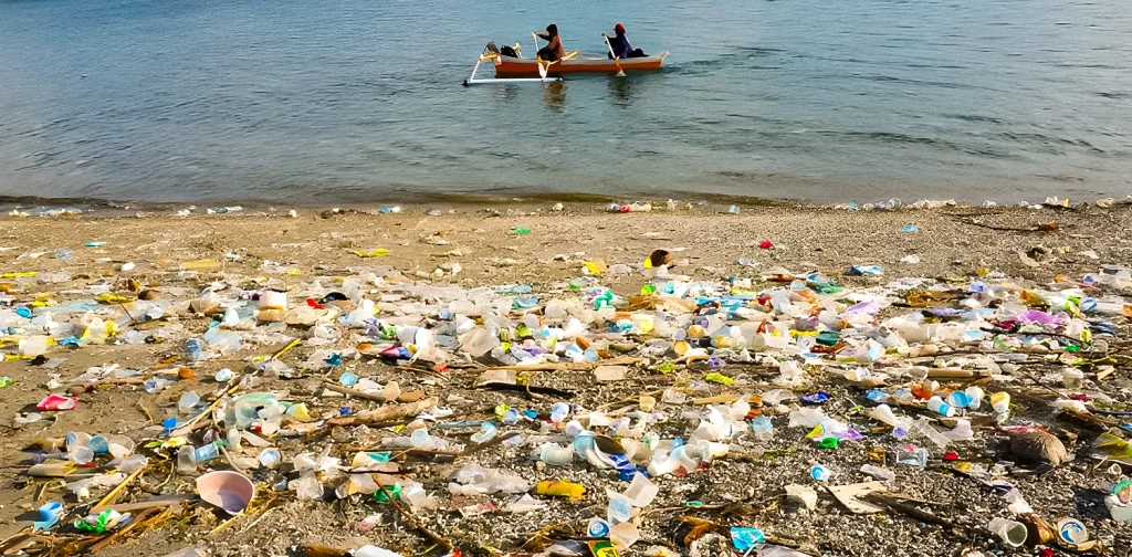 sampah plastik berserakan di tepi pantai dengan latar dua orang mendayung perahu