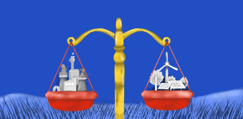 Timbangan yang menyeimbangkan industri bahan bakar fosil dengan sumber energi terbarukan seperti turbin angin dan panel surya.