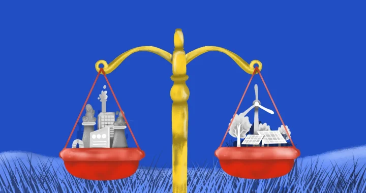 Timbangan yang menyeimbangkan industri bahan bakar fosil dengan sumber energi terbarukan seperti turbin angin dan panel surya.