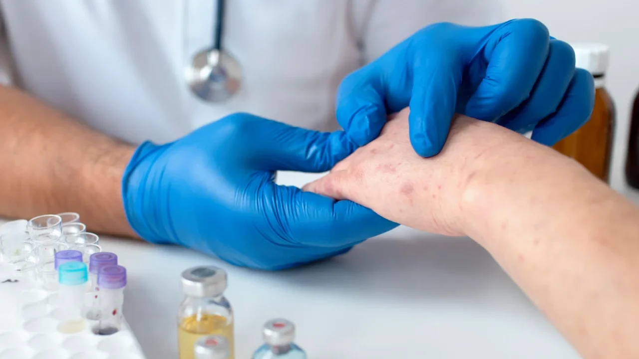 tangan dengan ruam-ruam merah dipegang oleh sepasang tangan bersarung tangan biru.
