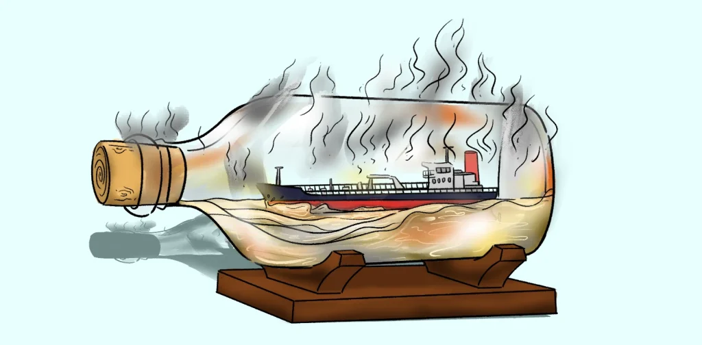 Ilustrasi kapal tanker di dalam botol yang memanas