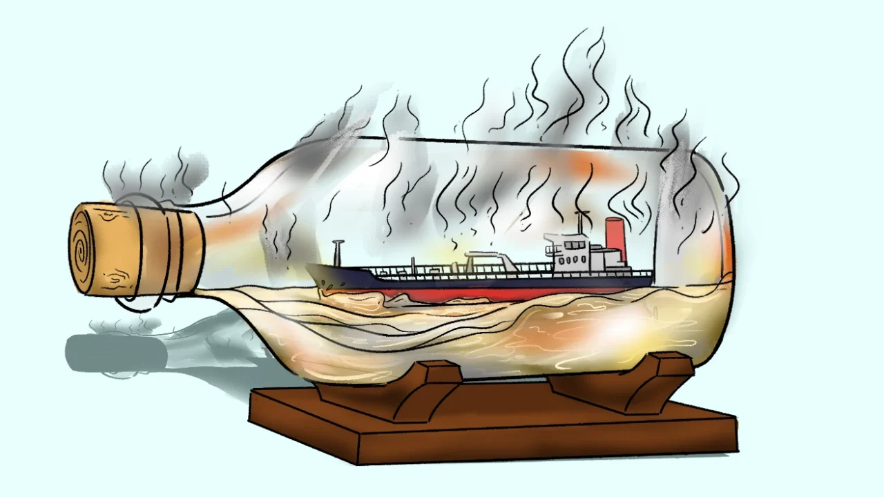 Ilustrasi kapal tanker di dalam botol yang memanas