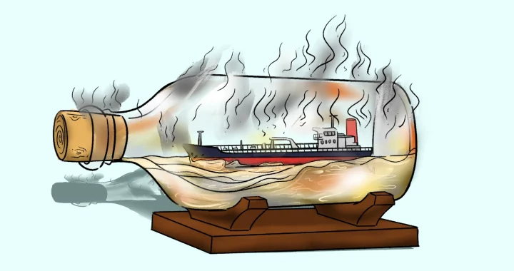 Ilustrasi kapal tanker di dalam botol yang memanas