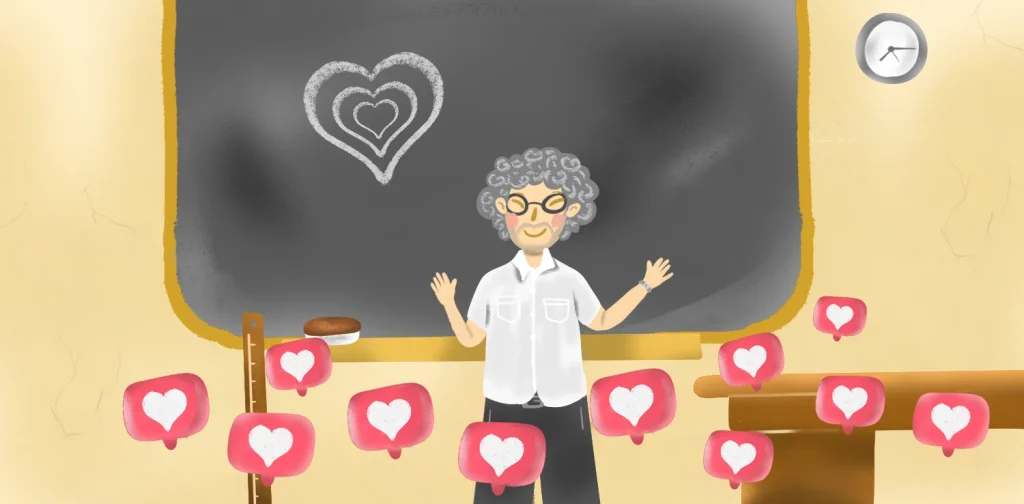 Seorang guru laki-laki tua berdiri bahagia di depan papan tulis bergambar hati, dikelilingi ikon reaksi hati yang melayang.