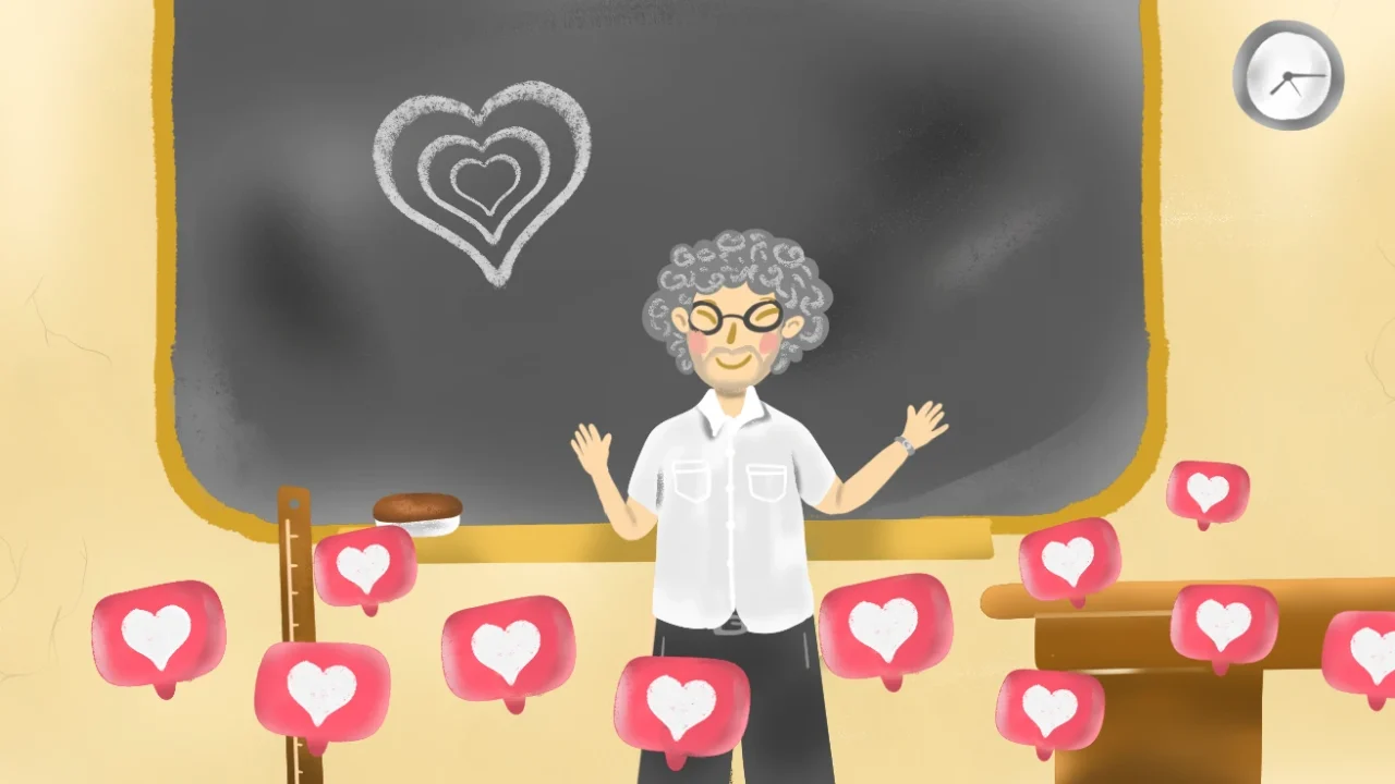 Seorang guru laki-laki tua berdiri bahagia di depan papan tulis bergambar hati, dikelilingi ikon reaksi hati yang melayang.