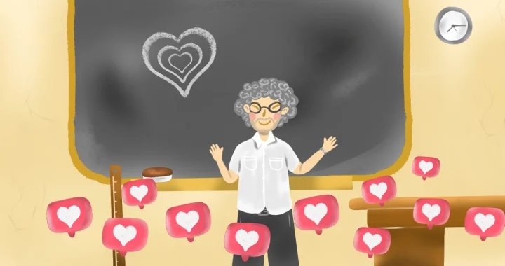 Seorang guru laki-laki tua berdiri bahagia di depan papan tulis bergambar hati, dikelilingi ikon reaksi hati yang melayang.