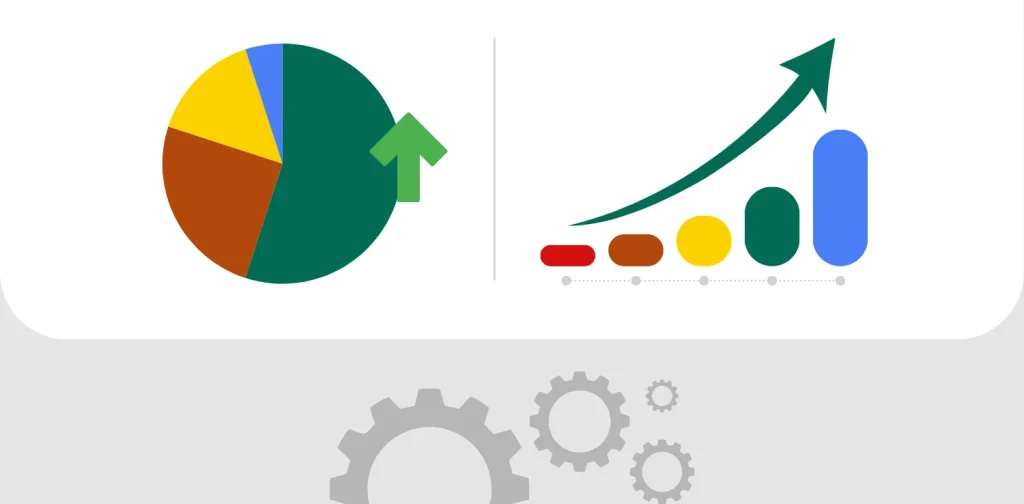 Grafik indeks ESG menampilkan diagram lingkaran dan diagram batang pertumbuhan dengan ikon roda gigi.