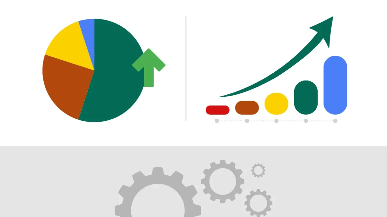 Grafik indeks ESG menampilkan diagram lingkaran dan diagram batang pertumbuhan dengan ikon roda gigi.