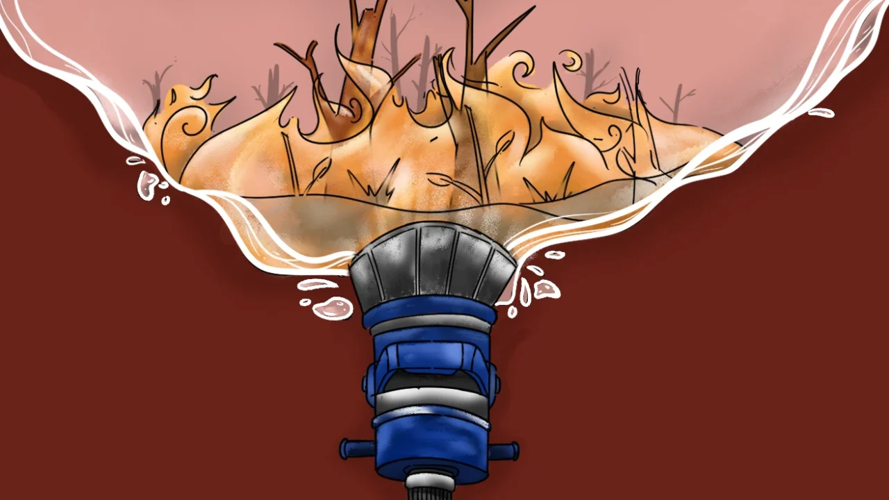 Nozzle selang pemadam menyemprot ke atas, menampakkan kebakaran hutan gambut di dalam lengkungan air.