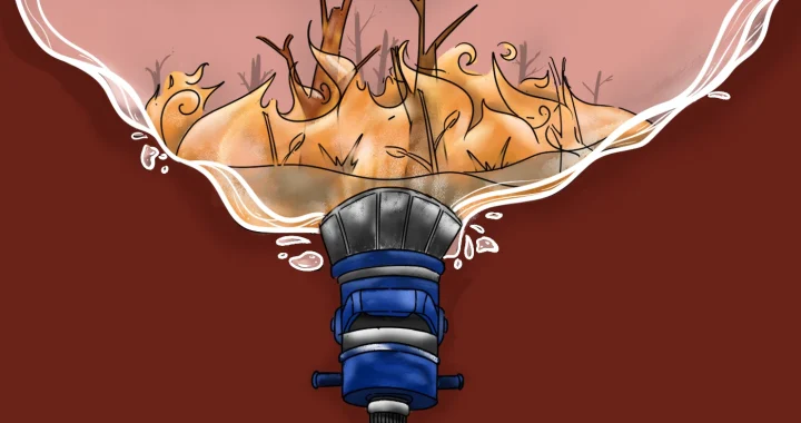 Nozzle selang pemadam menyemprot ke atas, menampakkan kebakaran hutan gambut di dalam lengkungan air.