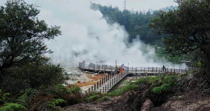 alan setapak dari kayu dikelilingi asap panas bumi