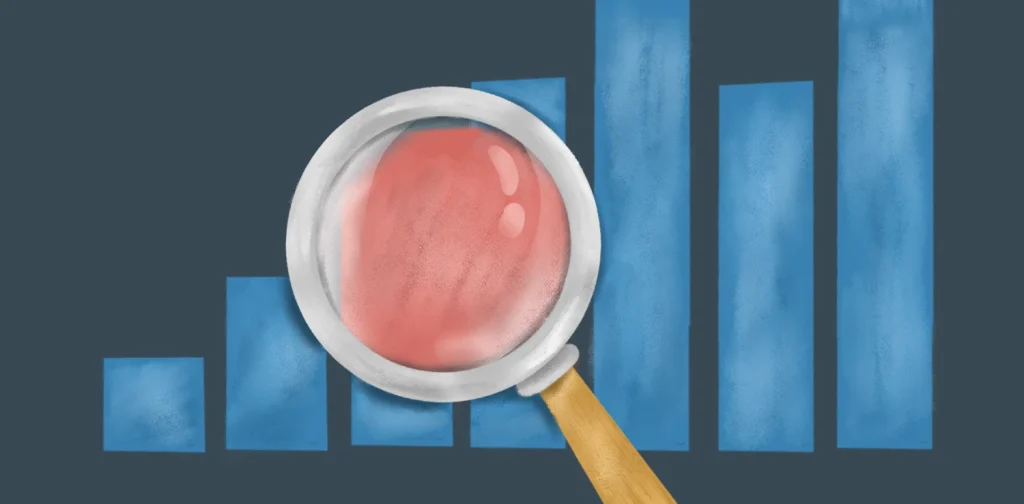 Ilustrasi editorial kaca pembesar berlensa merah muda melayang di atas grafik batang biru dengan latar belakang abu-abu gelap, melambangkan pengawasan data atau keuangan.