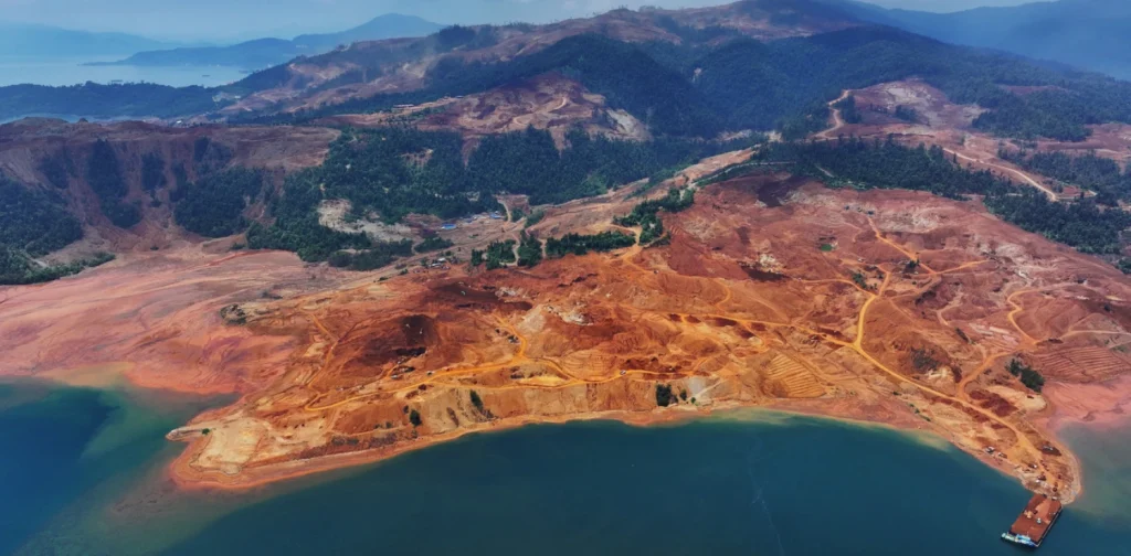 sebuah alat berat berwarna kuning di tengah hutan yang gundul