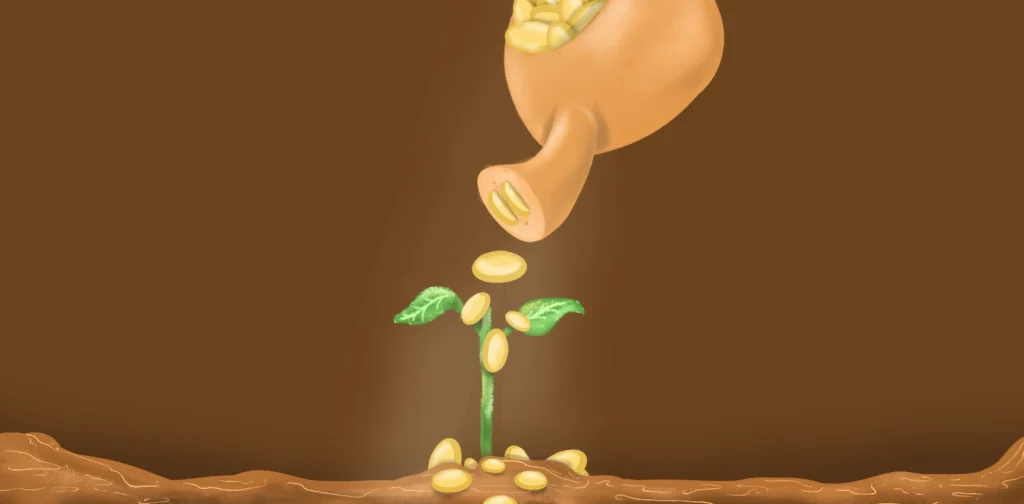 Pot tanah liat menuangkan koin emas ke tanaman kecil yang tumbuh dari tanah, melambangkan investasi dan pertumbuhan finansial.