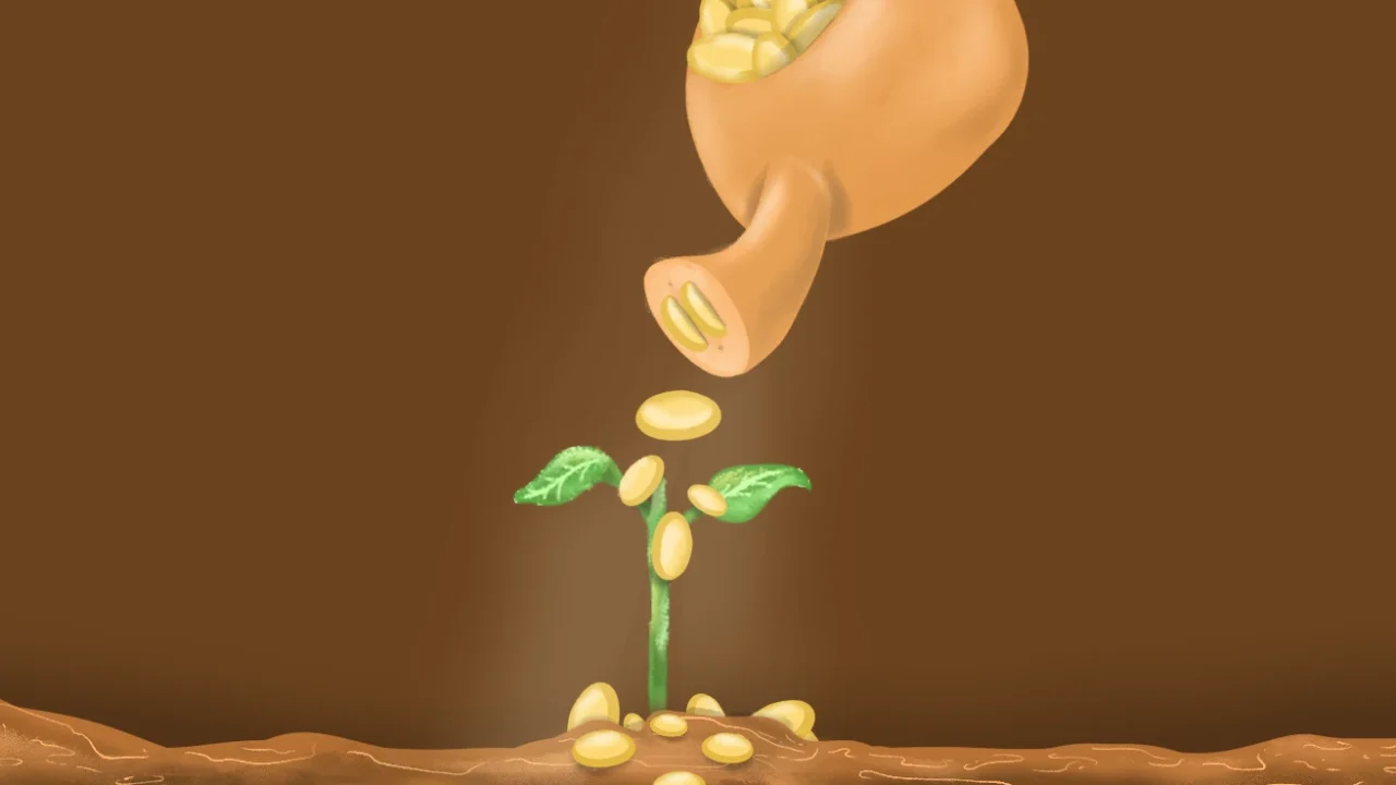 Pot tanah liat menuangkan koin emas ke tanaman kecil yang tumbuh dari tanah, melambangkan investasi dan pertumbuhan finansial.