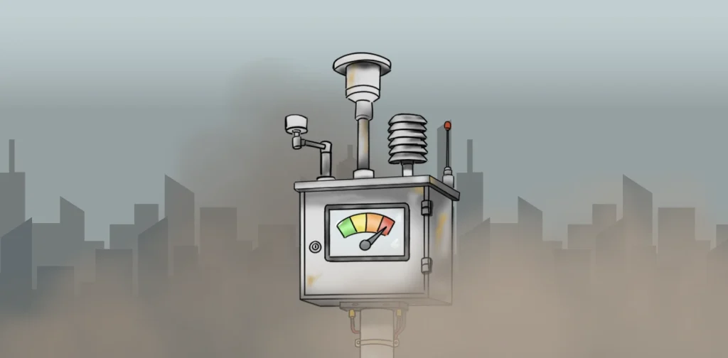 Ilustrasi stasiun pemantau kualitas udara luar ruangan dengan indikator tingkat polusi, berlatar siluet kota yang diselimuti kabut.