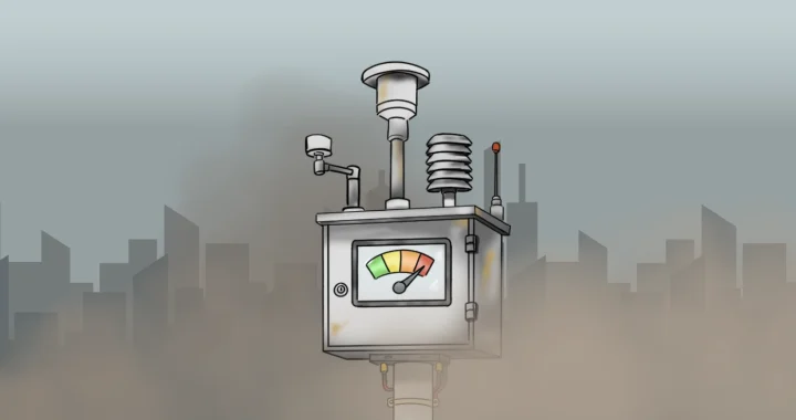 Ilustrasi stasiun pemantau kualitas udara luar ruangan dengan indikator tingkat polusi, berlatar siluet kota yang diselimuti kabut.