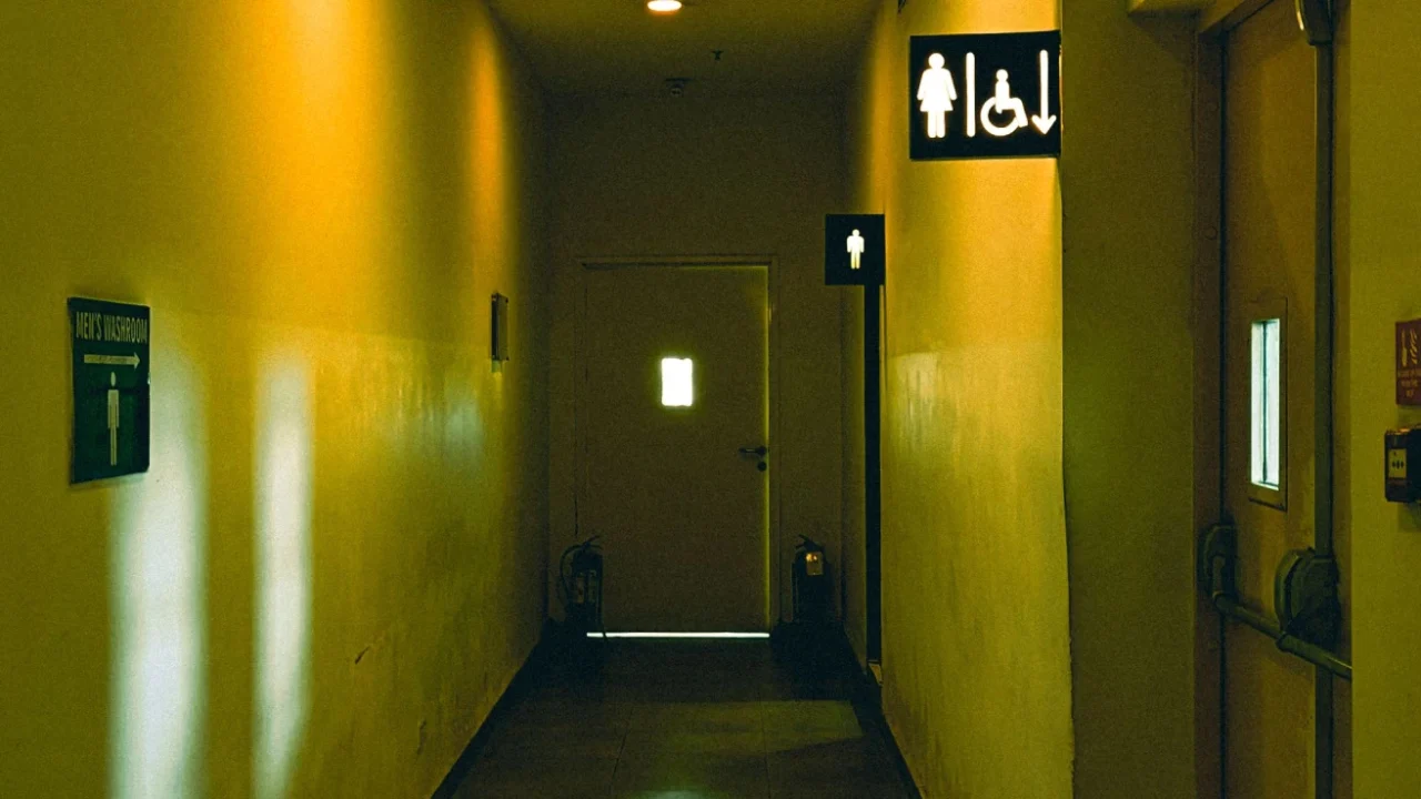 lorong dengan cahaya kuning temaram dengan tanda untuk toilet pria di bagian belakang dan tanda toilet wanita serta tanda untuk penyandang disabilitas saling berdampingan