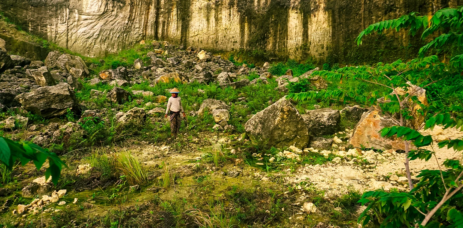 seorang petani berdiri di tengah lahan penuh bebatuan kapur di dekat bukit karst.