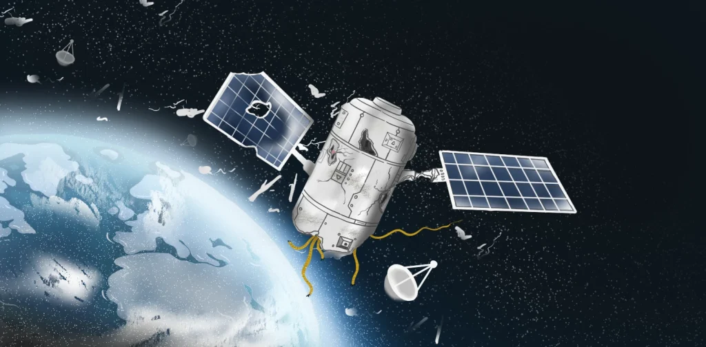 Satelit rusak yang mengorbit Bumi, dikelilingi sampah antariksa berupa pecahan komponen dan antena, dengan dua panel surya dan kabel kuning yang terurai.