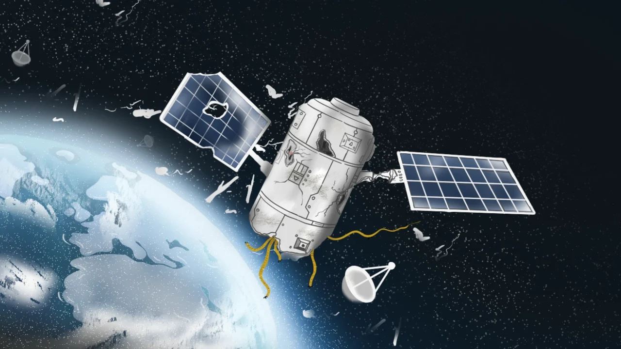 Satelit rusak yang mengorbit Bumi, dikelilingi sampah antariksa berupa pecahan komponen dan antena, dengan dua panel surya dan kabel kuning yang terurai.