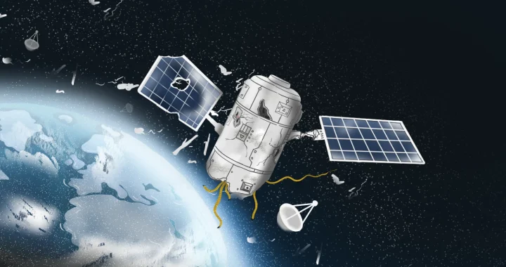 Satelit rusak yang mengorbit Bumi, dikelilingi sampah antariksa berupa pecahan komponen dan antena, dengan dua panel surya dan kabel kuning yang terurai.