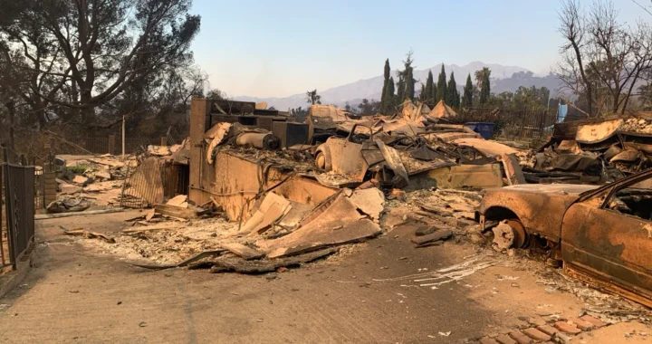 Sebuah rumah yang hangus dan kendaraan yang hancur akibat Kebakaran Eaton di California, 2025.