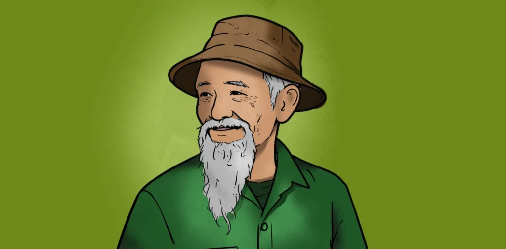 Ilustrasi seorang pria tua berjanggut putih memakai topi bucket cokelat dan kemeja hijau, tersenyum dengan latar belakang hijau.