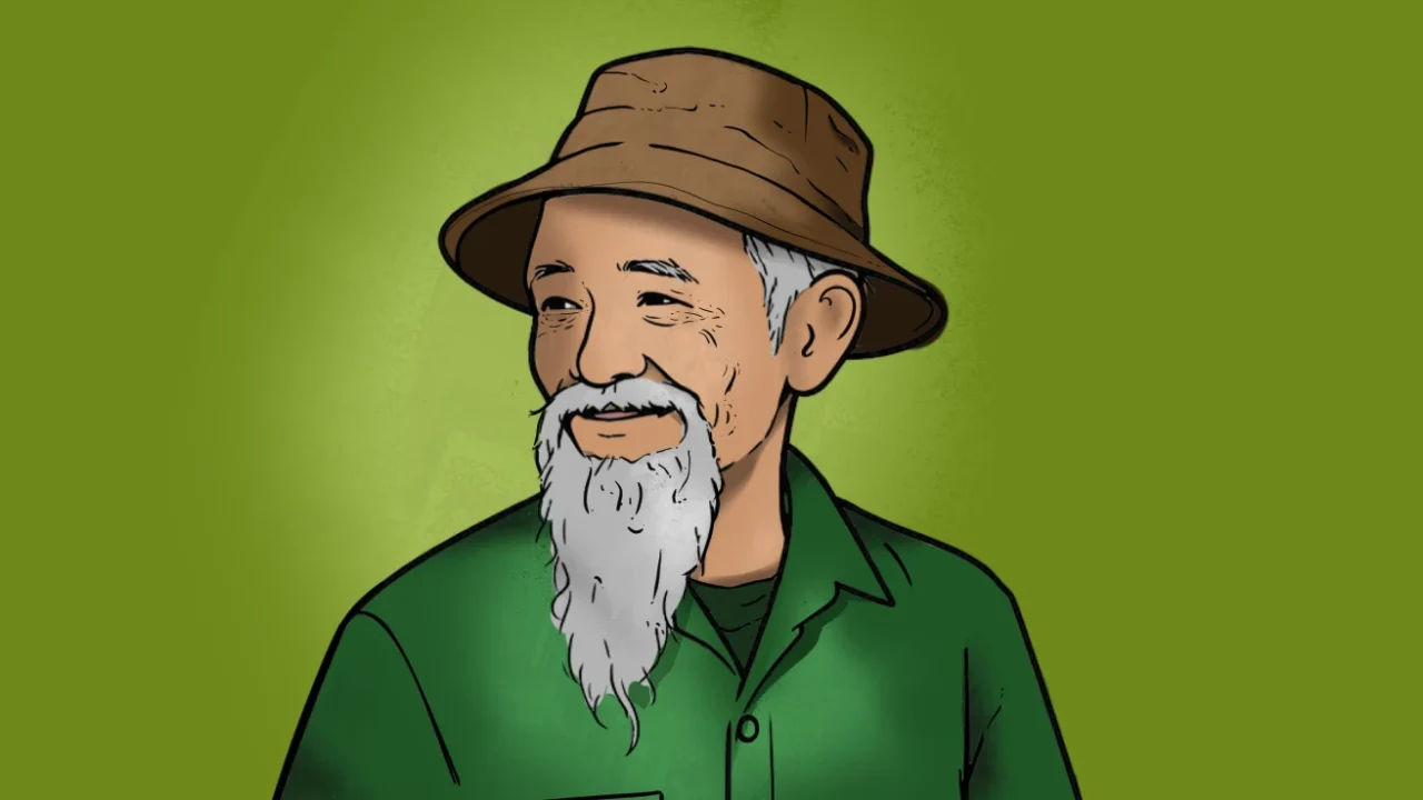 Ilustrasi seorang pria tua berjanggut putih memakai topi bucket cokelat dan kemeja hijau, tersenyum dengan latar belakang hijau.