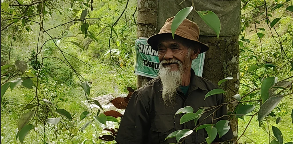 seorang pria tua berdiri di dekat sebatang pohon besar